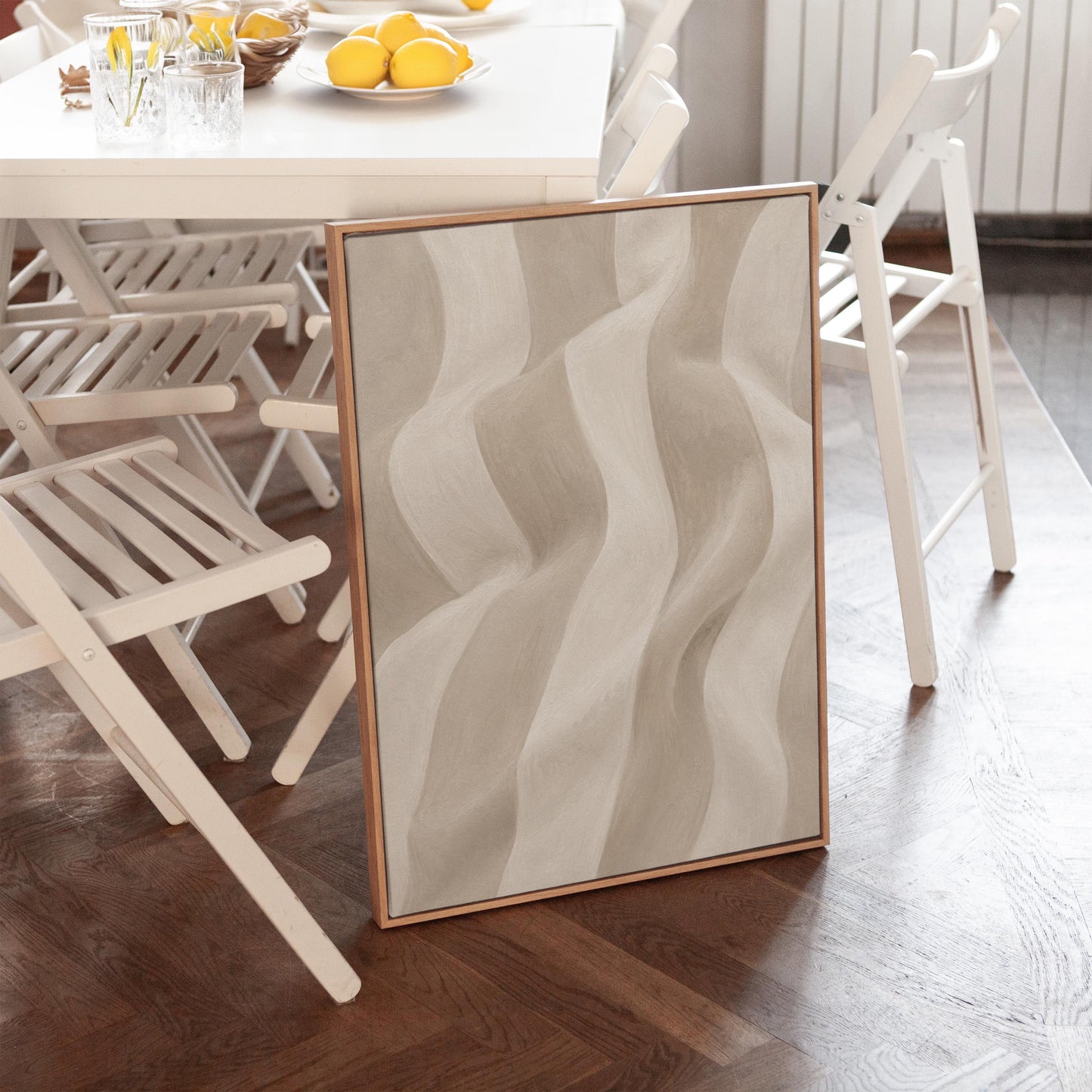 Soft draped wave folds in ivory and warm white, canvas print on a quiet wall in a considered interior