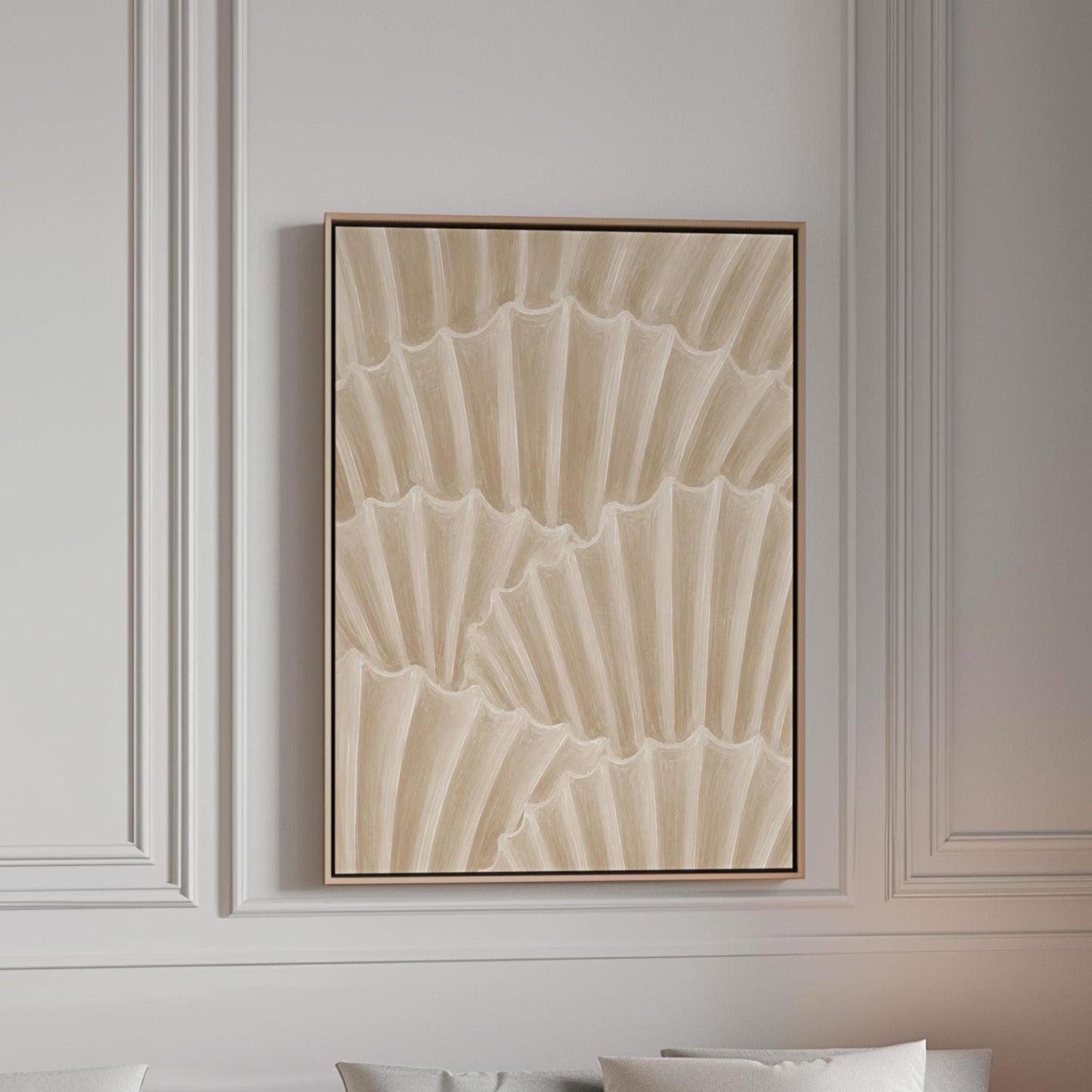 Overlapping fan shells in warm sand and taupe, canvas print in a bright room with natural daylight
