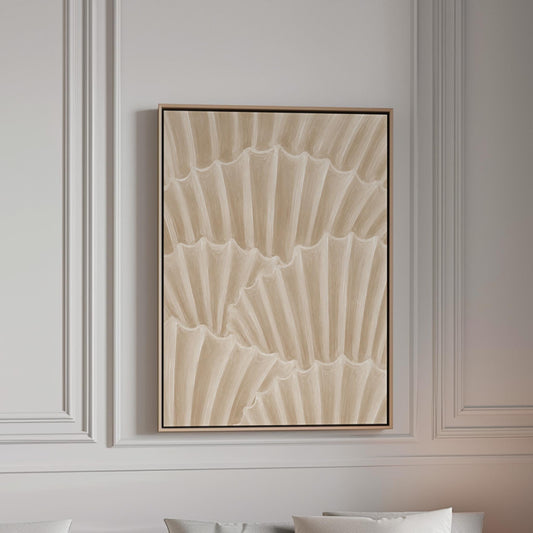 Overlapping fan shells in warm sand and taupe, canvas print in a bright room with natural daylight