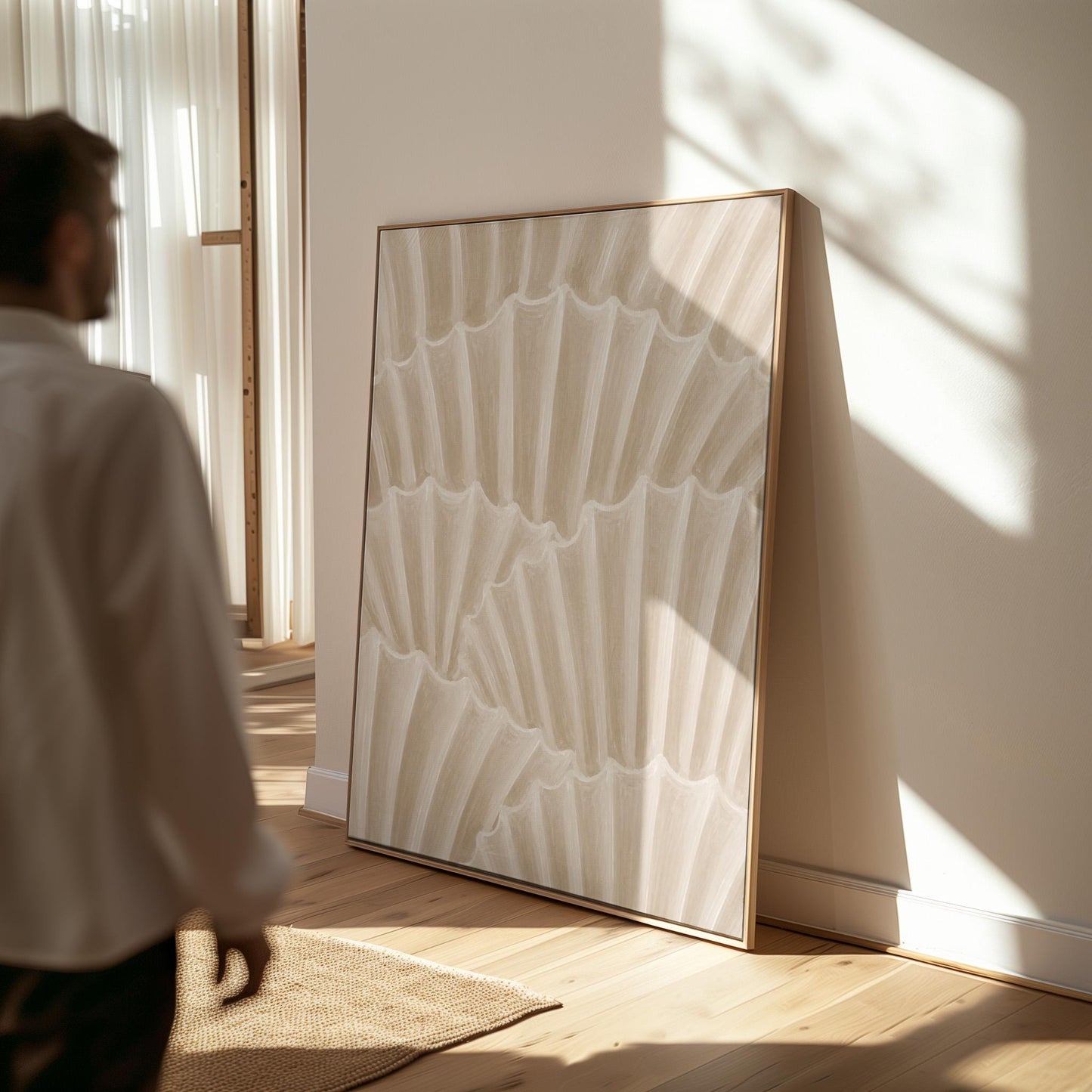 Overlapping fan shells in warm sand and taupe, canvas print presented in a light, minimal room