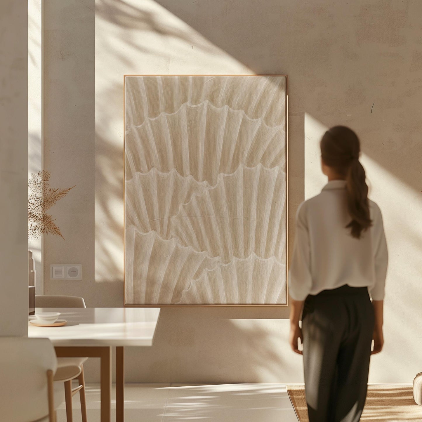 Overlapping fan shells in warm sand and taupe, canvas wall art seen in a warm interior with natural light