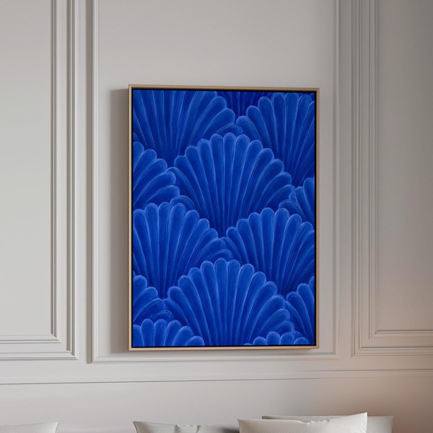 Fan shaped shell scales pattern in sapphire blue, canvas print in a bright room with natural daylight