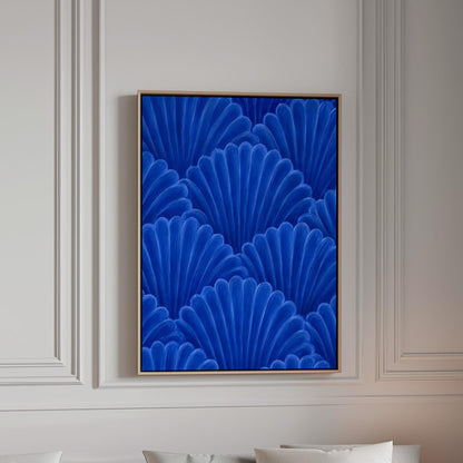Fan shaped shell scales pattern in sapphire blue, canvas print in a bright room with natural daylight