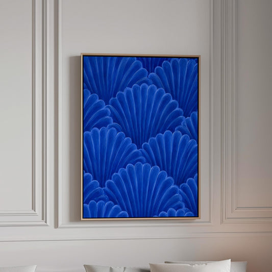 Fan shaped shell scales pattern in sapphire blue, canvas print in a bright room with natural daylight