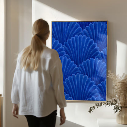 Fan shaped shell scales pattern in sapphire blue, canvas print on a quiet wall in a considered interior