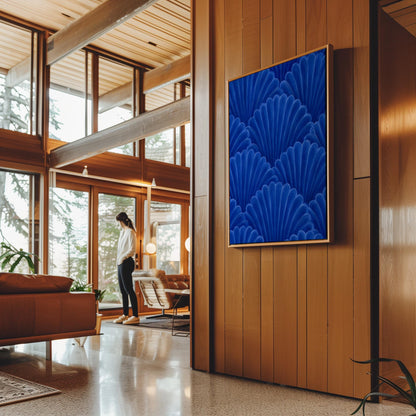 Fan shaped shell scales pattern in sapphire blue, canvas wall art seen in a warm interior with natural light