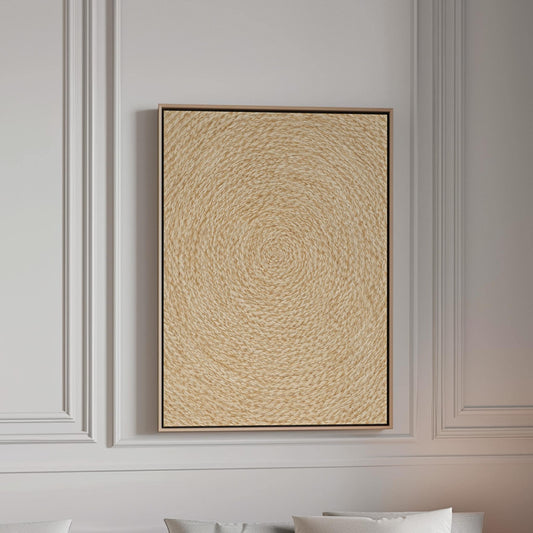 Spiral coiled circle pattern in wheat and straw gold, canvas print in a bright room with natural daylight