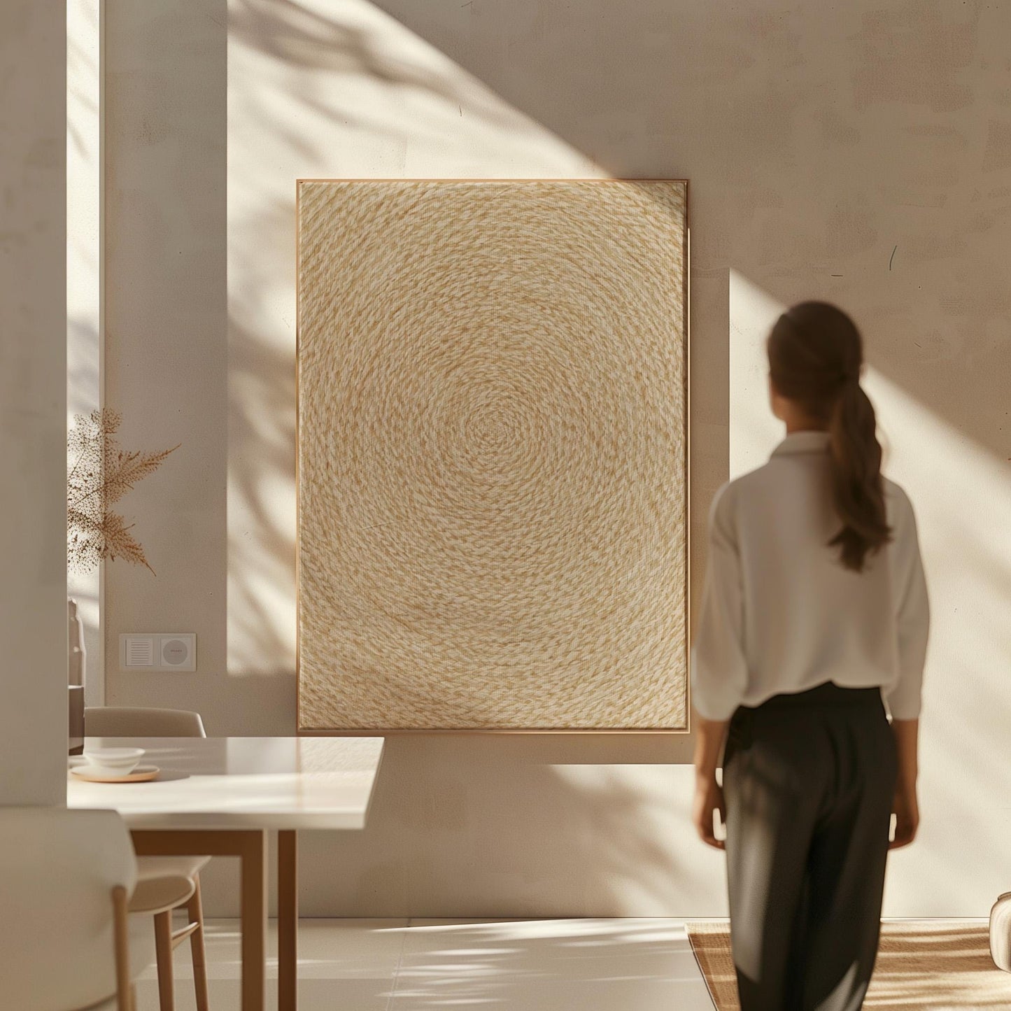Spiral coiled circle pattern in wheat and straw gold, canvas print shown in a sunlit, contemporary room