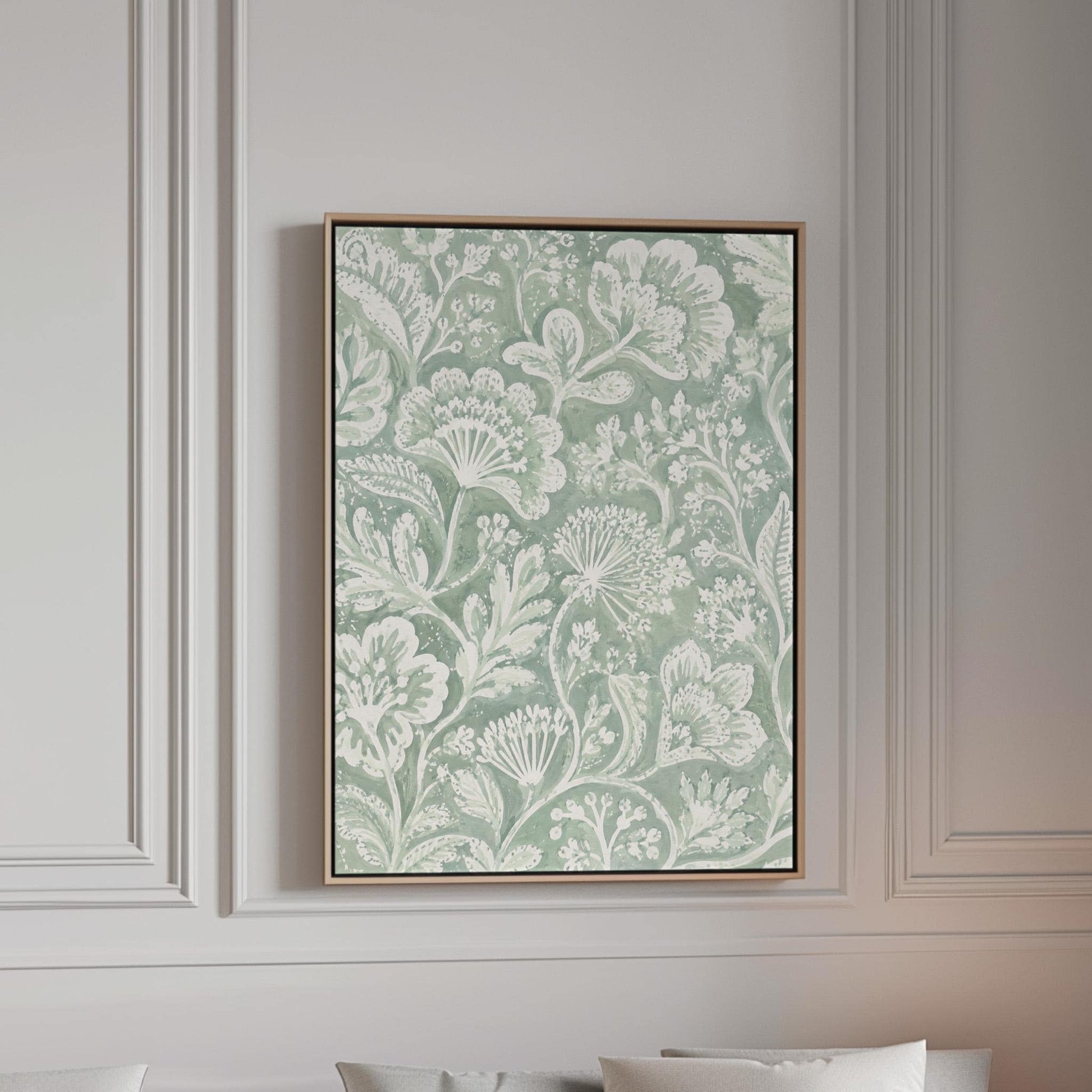 Lace like botanical damask in soft sage green, canvas print in a bright room with natural daylight
