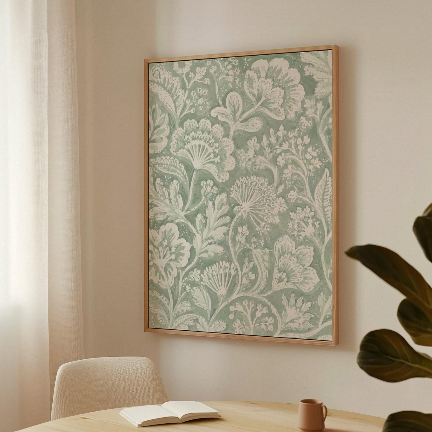 Lace like botanical damask in soft sage green, canvas print styled against a soft white wall