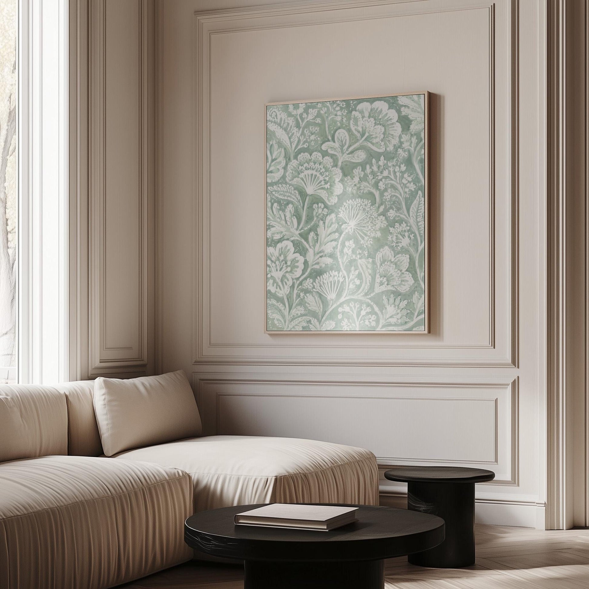 Lace like botanical damask in soft sage green, canvas print seen in a warm interior with natural light