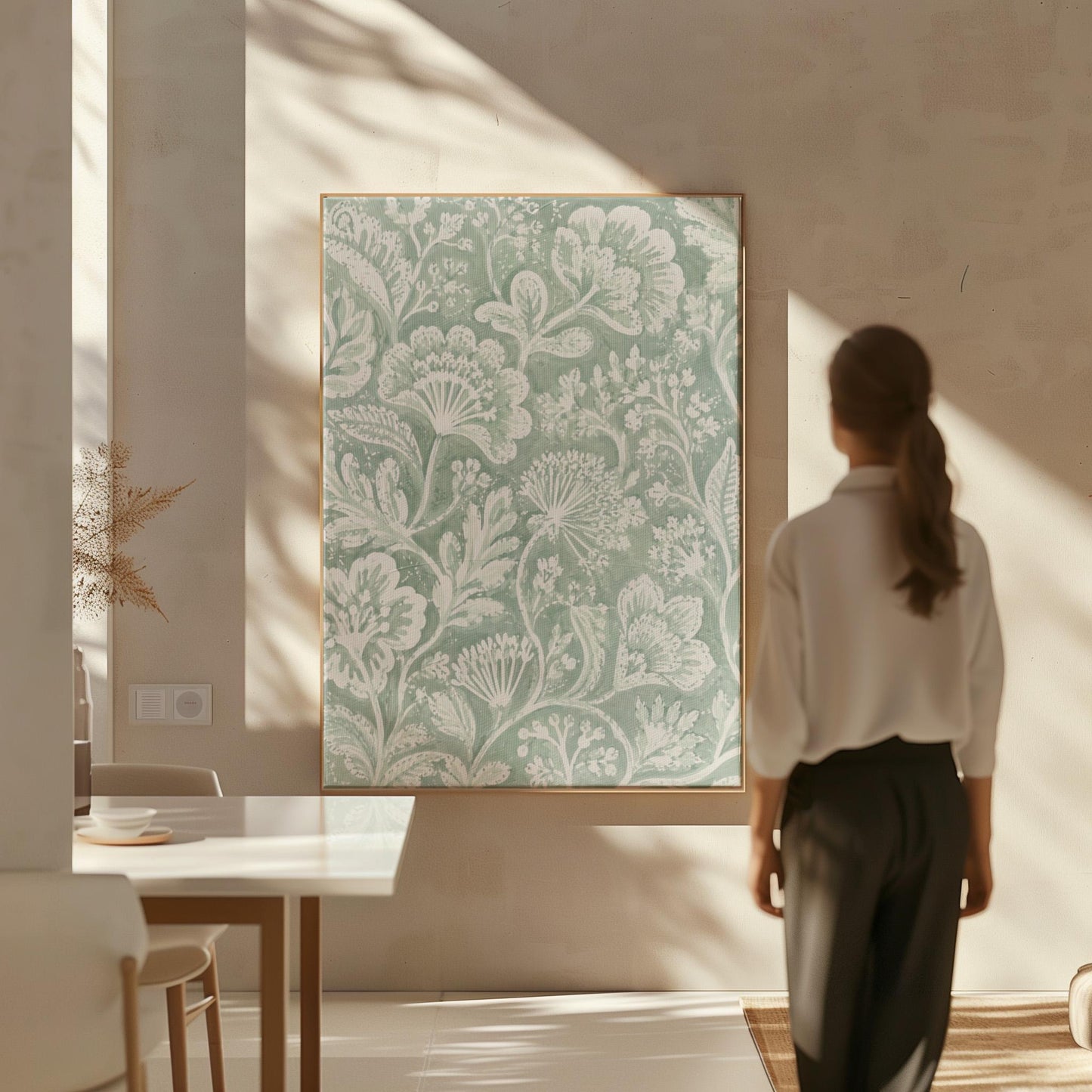 Lace like botanical damask in soft sage green, canvas print displayed on a neutral wall in a styled interior