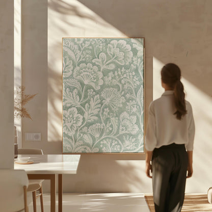 Lace like botanical damask in soft sage green, canvas print displayed on a neutral wall in a styled interior
