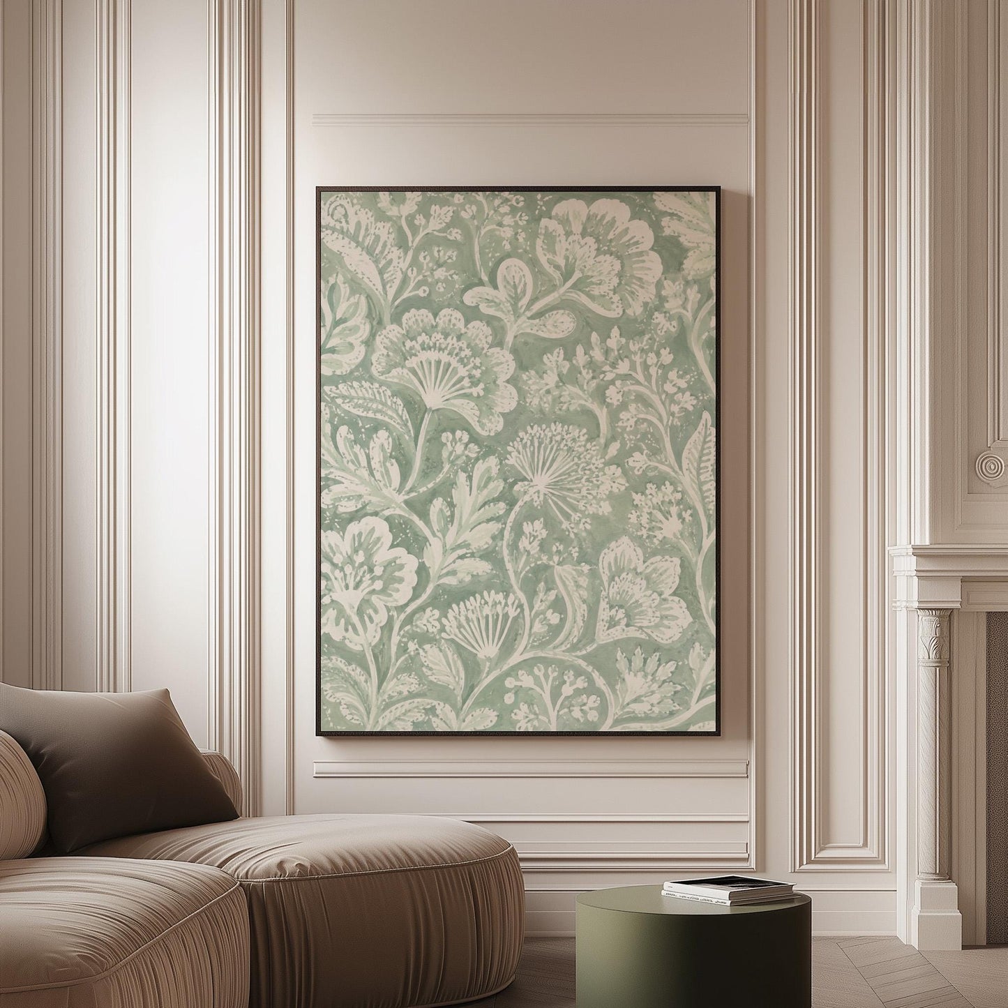Lace like botanical damask in soft sage green, canvas print on a softly lit wall in a calm interior