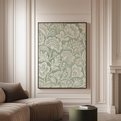 Lace like botanical damask in soft sage green, canvas print on a softly lit wall in a calm interior