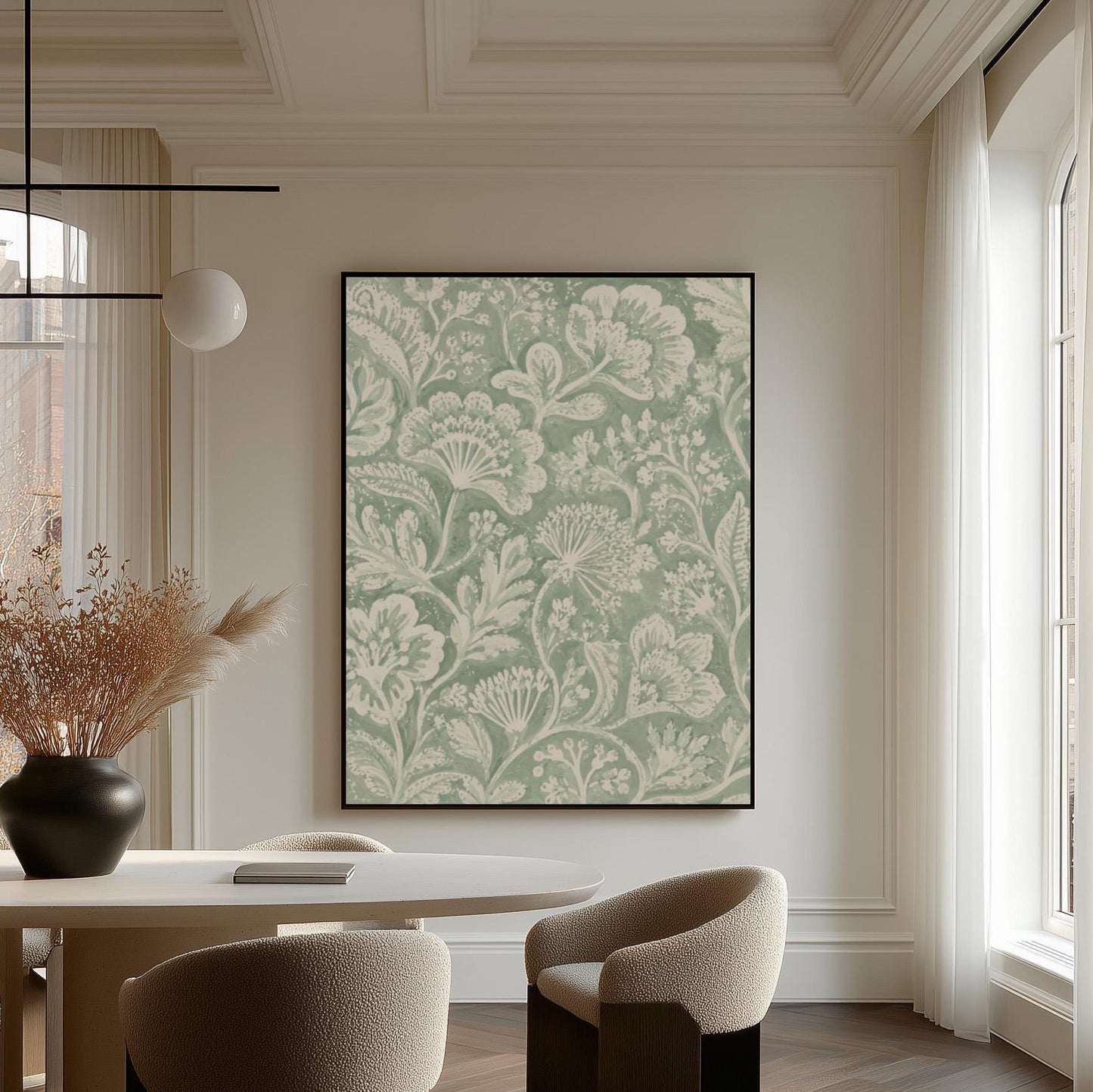 Lace like botanical damask in soft sage green, canvas wall art seen in a warm interior with natural light