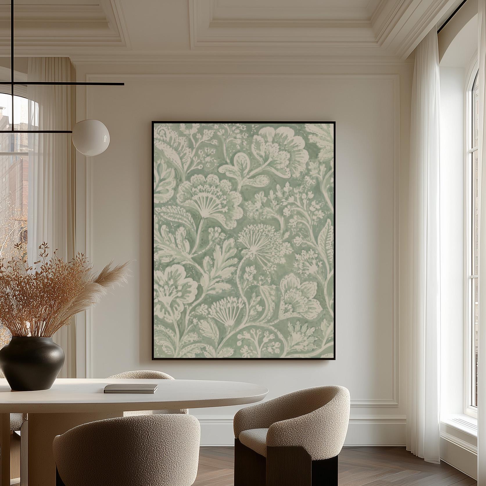 Lace like botanical damask in soft sage green, canvas wall art seen in a warm interior with natural light