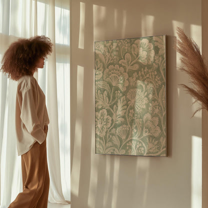Lace like botanical damask in soft sage green, canvas wall art presented in a light, minimal room