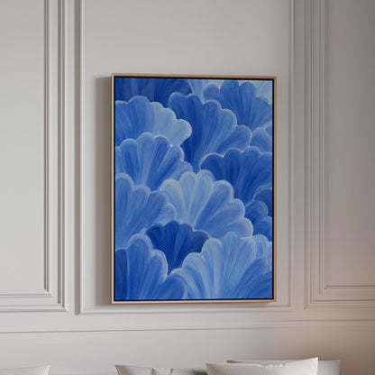 Petal fan clusters in cornflower and powder blue, canvas print in a bright room with natural daylight