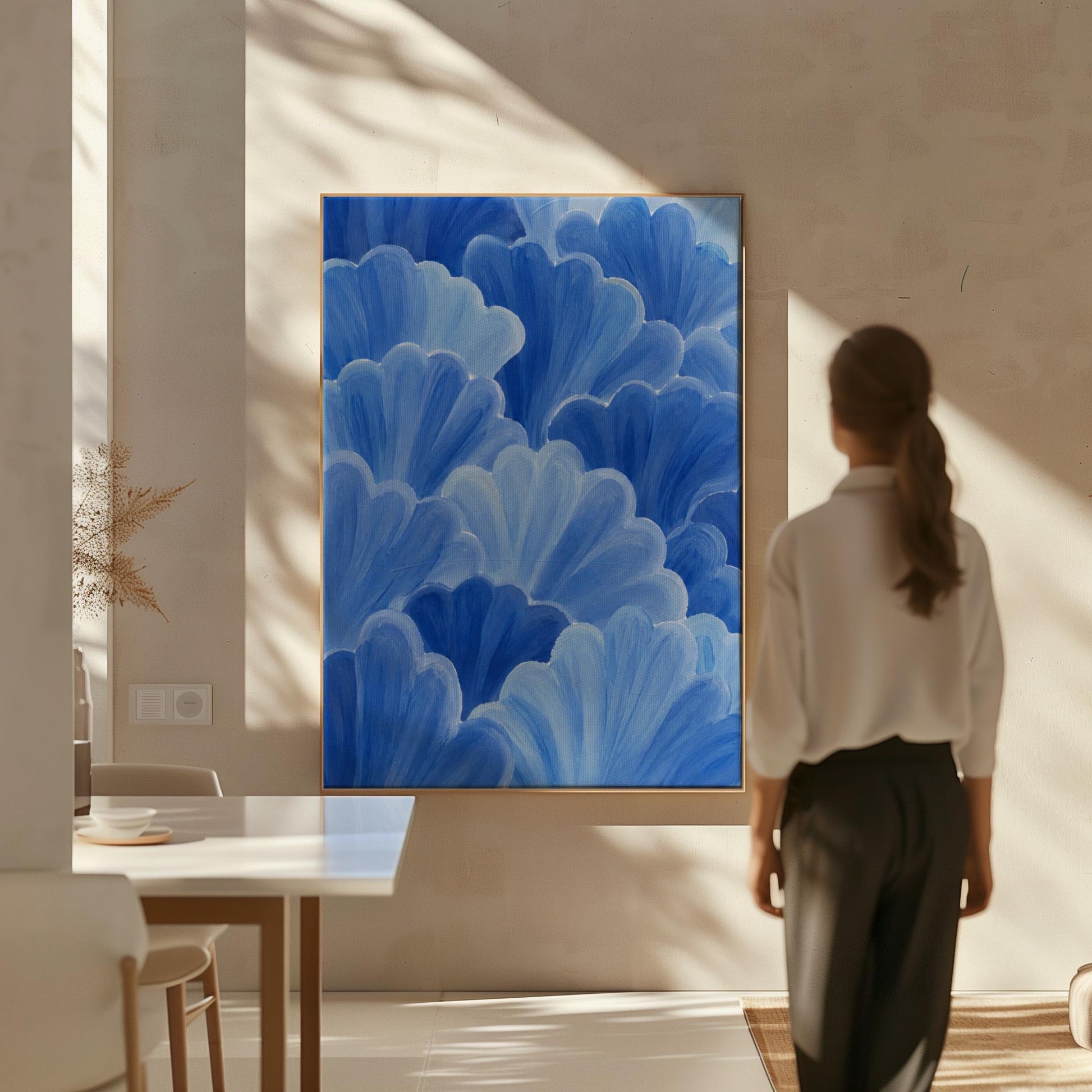 Petal fan clusters in cornflower and powder blue, canvas print presented in a light, minimal room