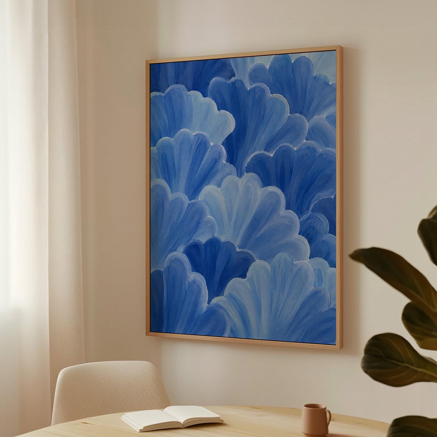 Petal fan clusters in cornflower and powder blue, canvas print shown to scale in a furnished room