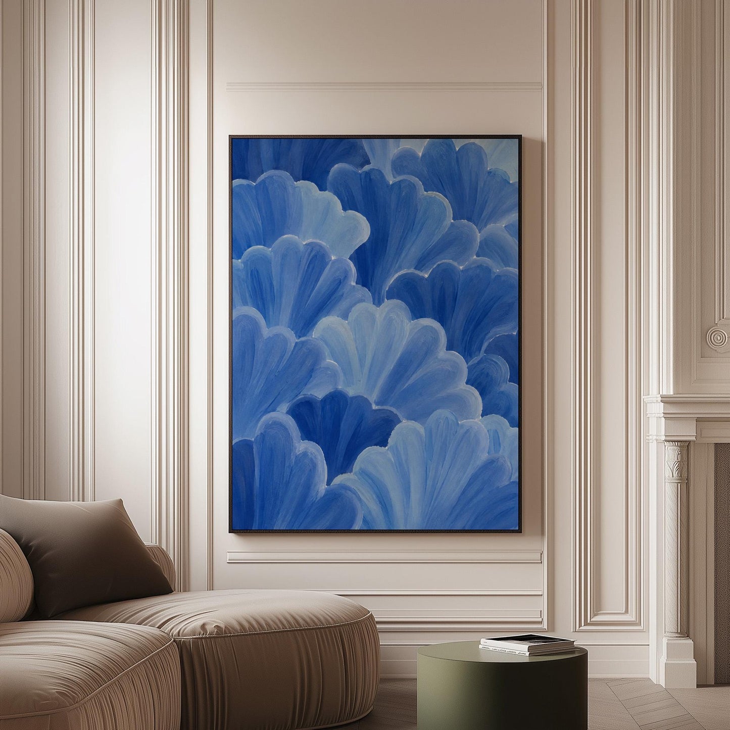 Petal fan clusters in cornflower and powder blue, canvas print on a softly lit wall in a calm interior