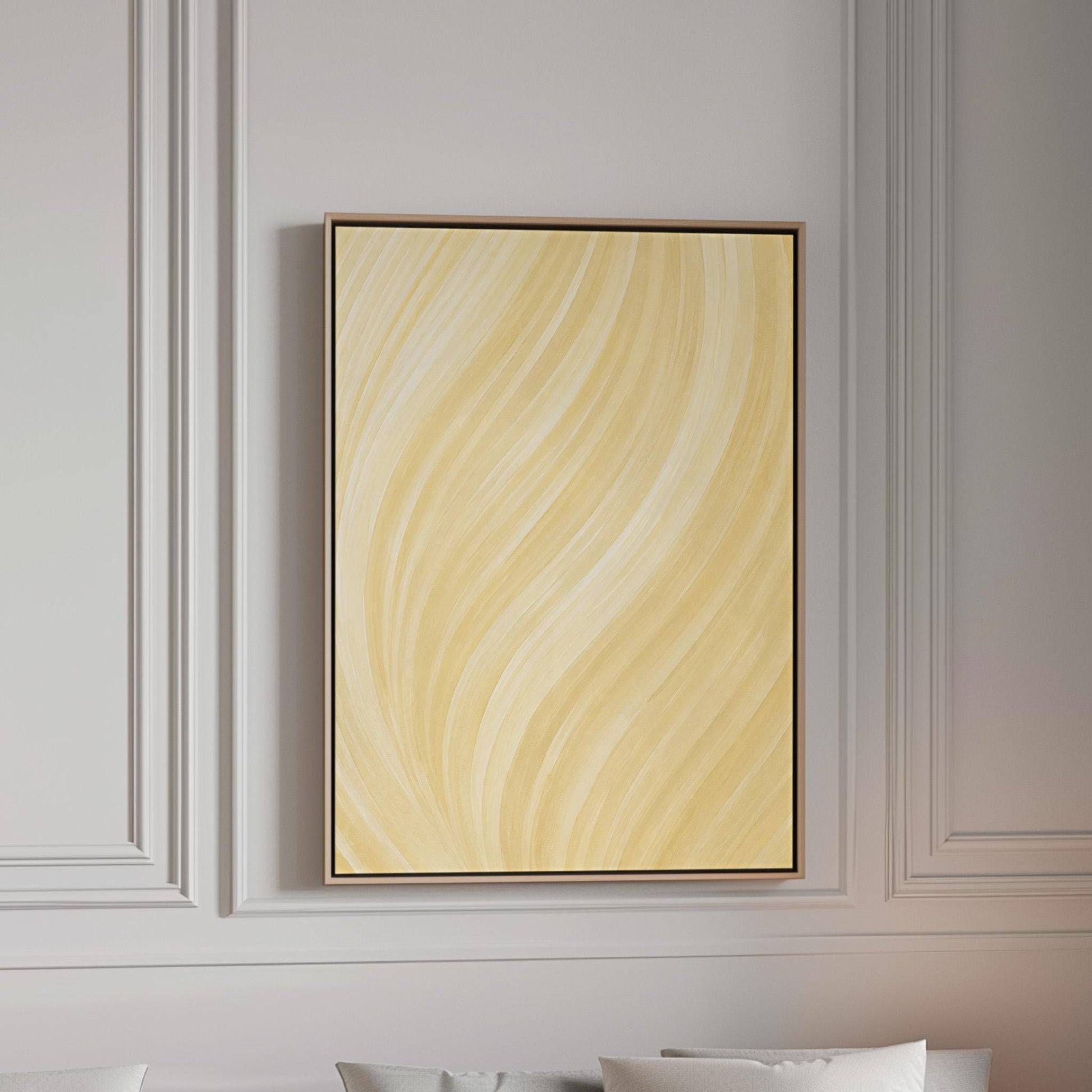 Flowing honey gold waves with soft warm glow, canvas print in a bright room with natural daylight