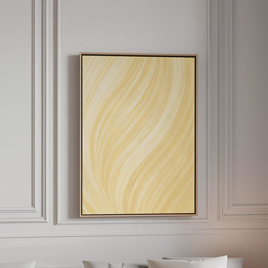 Flowing honey gold waves with soft warm glow, canvas print in a bright room with natural daylight