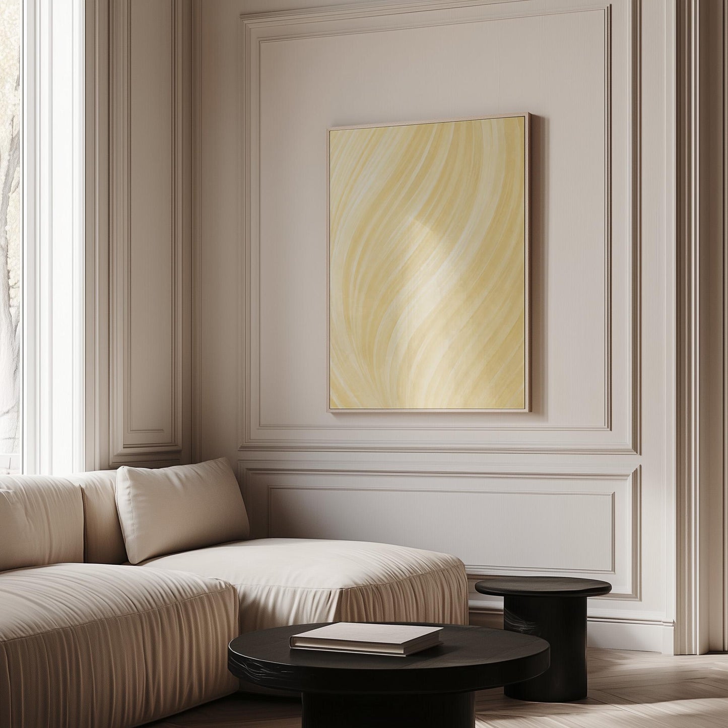 Flowing honey gold waves with soft warm glow, canvas print on a quiet wall in a considered interior