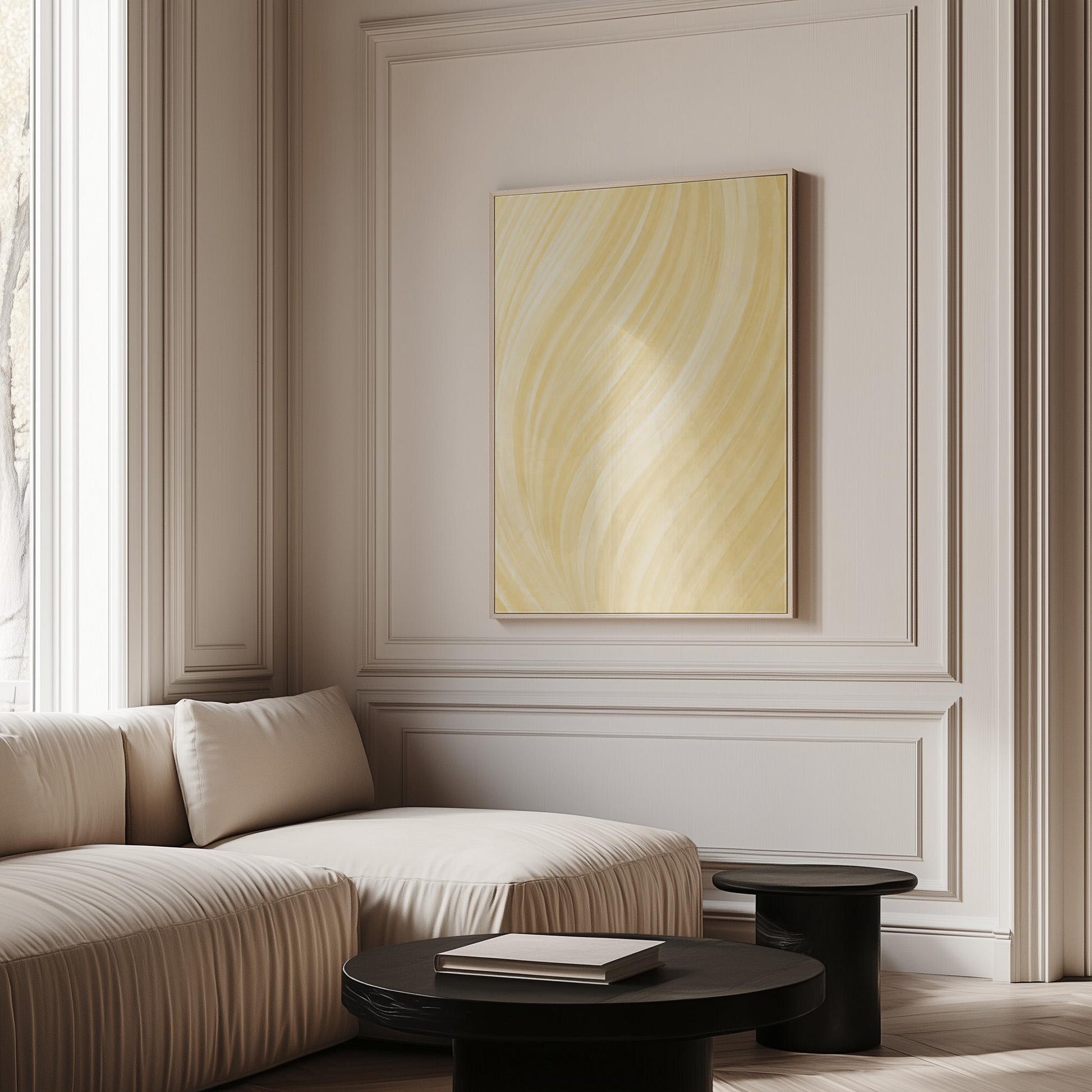 Flowing honey gold waves with soft warm glow, canvas print on a quiet wall in a considered interior