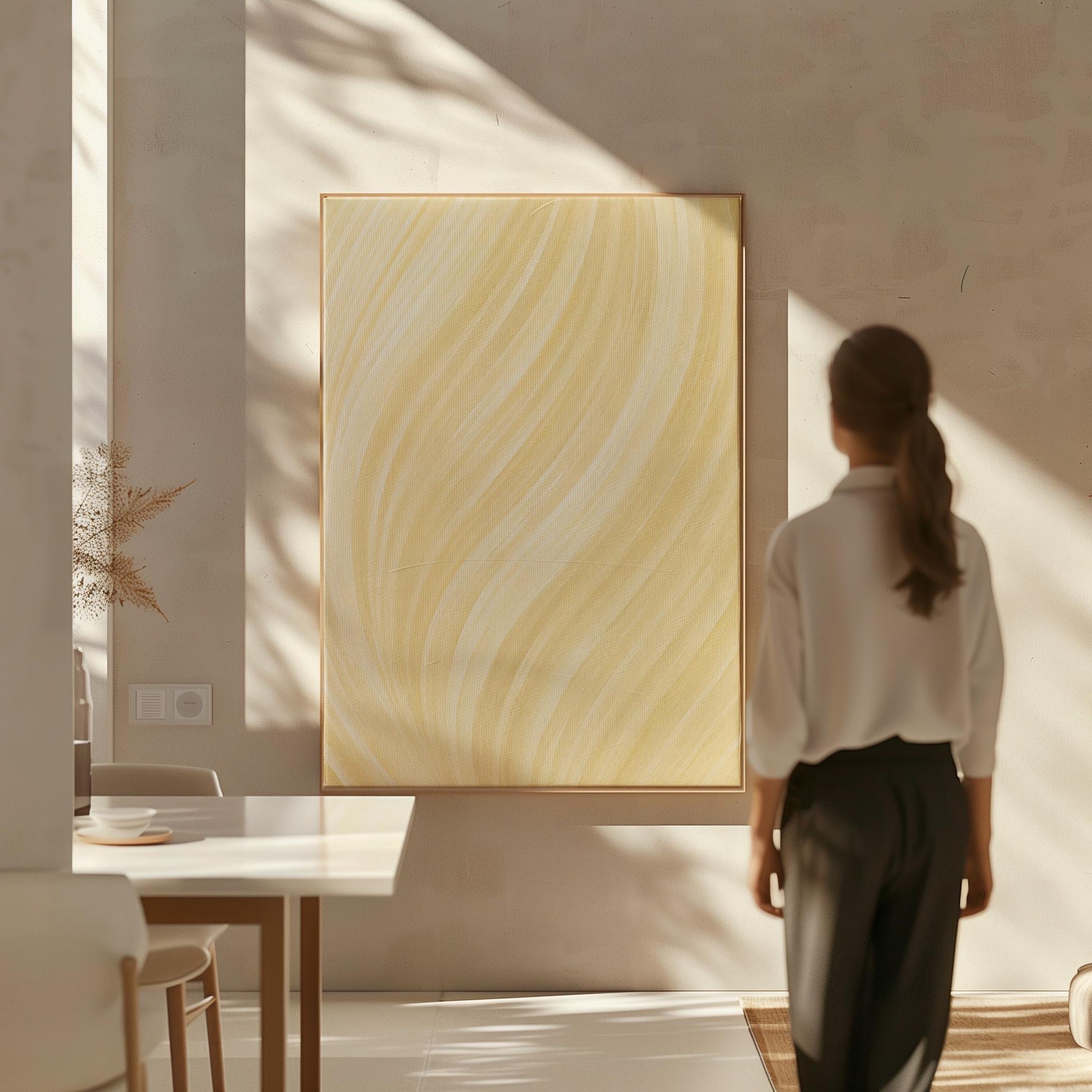Flowing honey gold waves with soft warm glow, canvas print displayed on a neutral wall in a styled interior