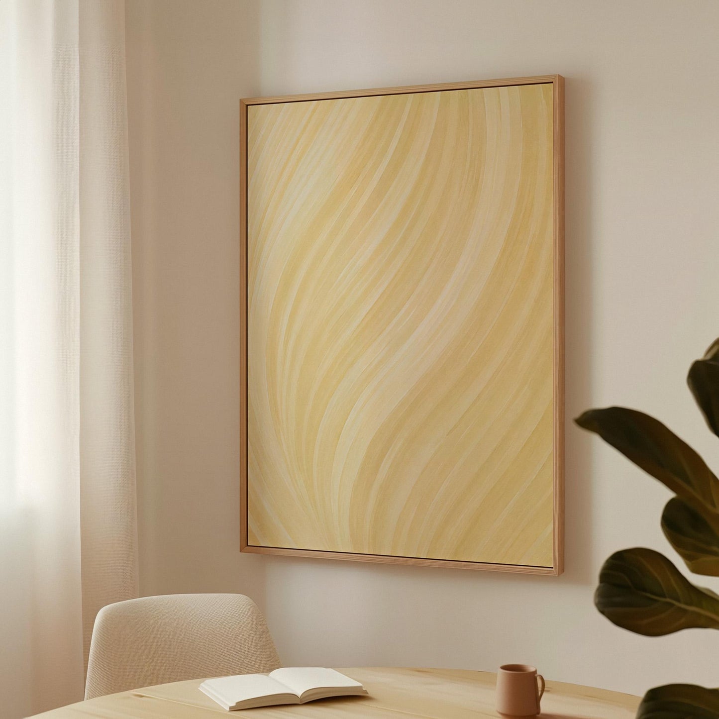 Flowing honey gold waves with soft warm glow, canvas print shown in a sunlit, contemporary room