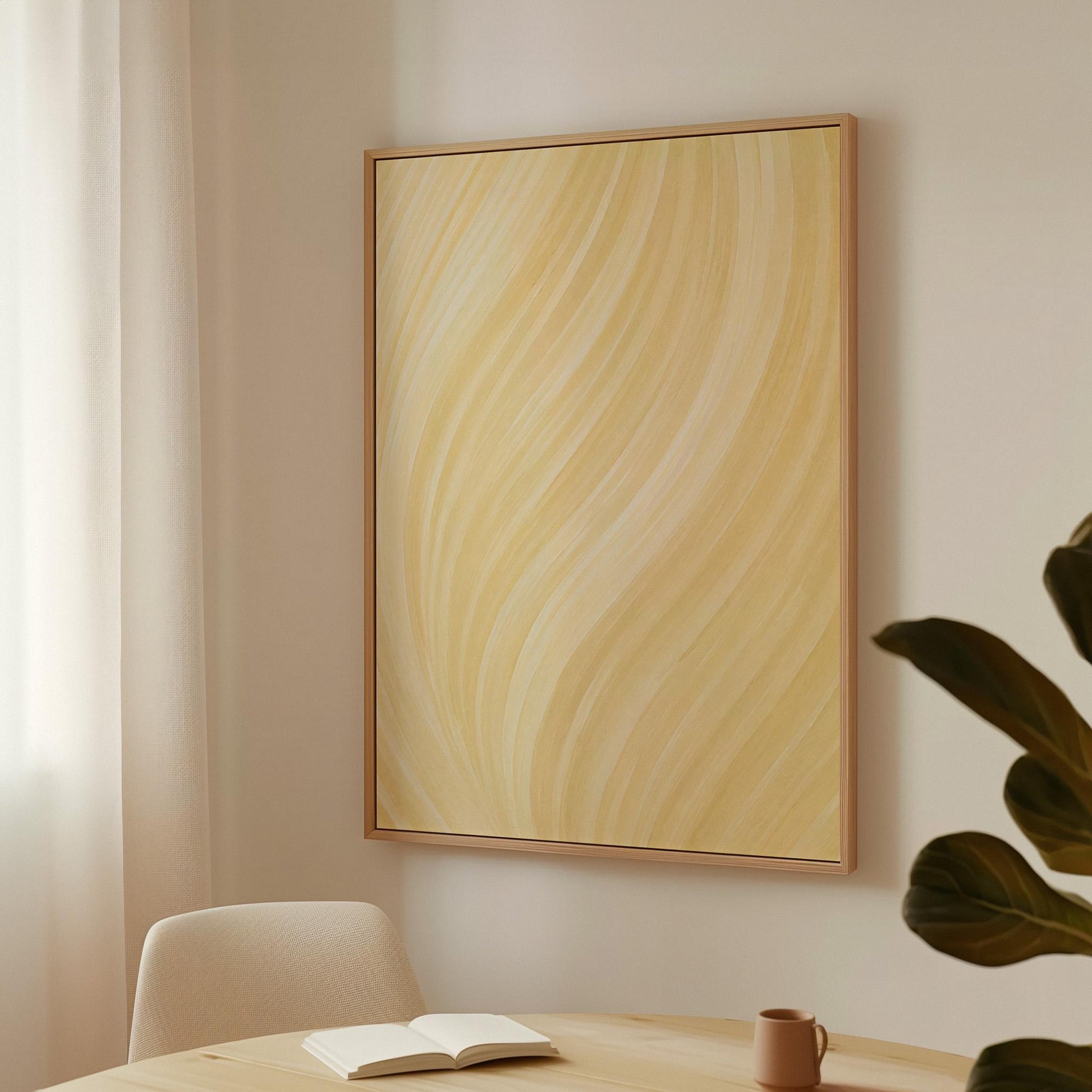 Flowing honey gold waves with soft warm glow, canvas print shown in a sunlit, contemporary room