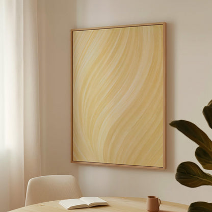 Flowing honey gold waves with soft warm glow, canvas print shown in a sunlit, contemporary room