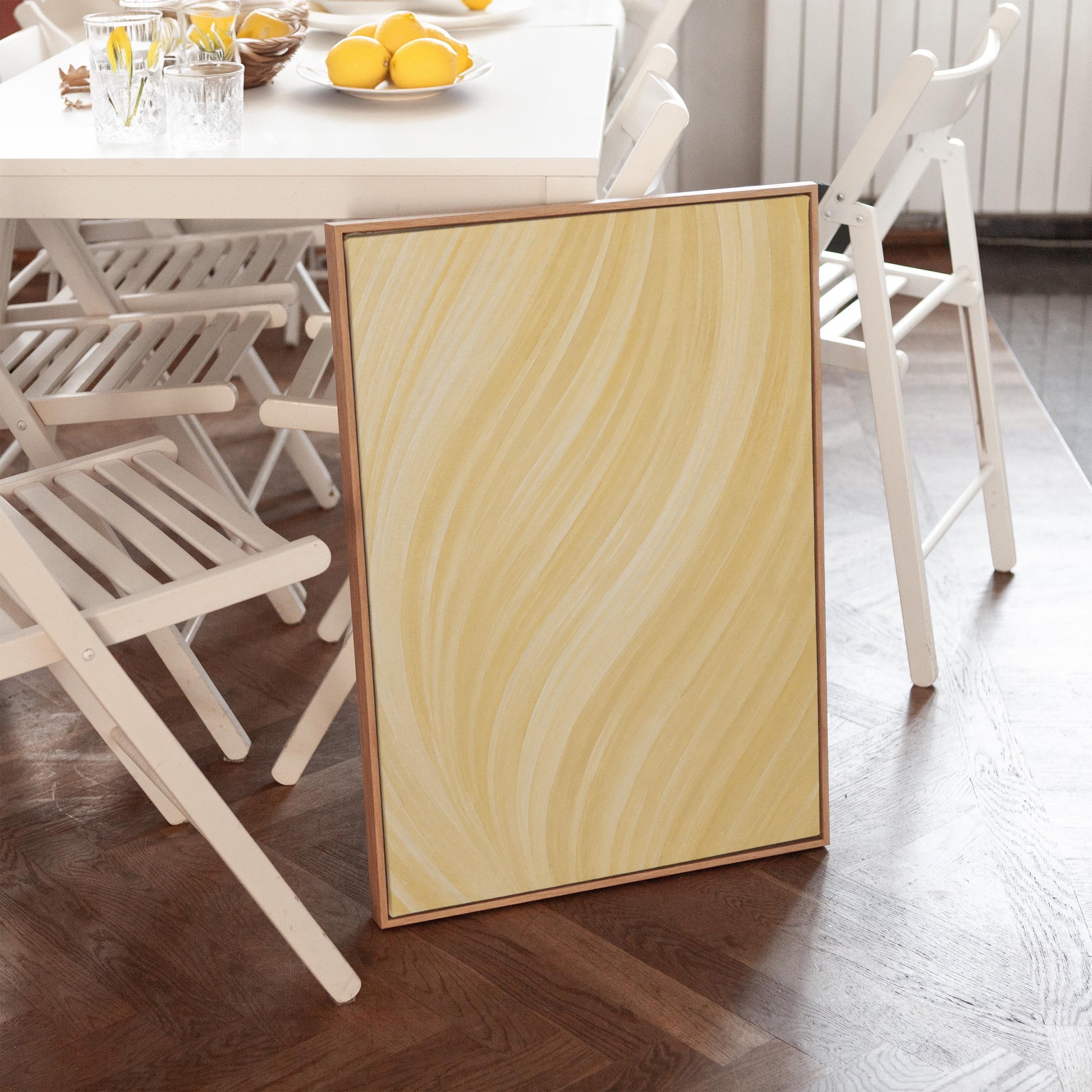 Flowing honey gold waves with soft warm glow, canvas wall art on a quiet wall in a considered interior