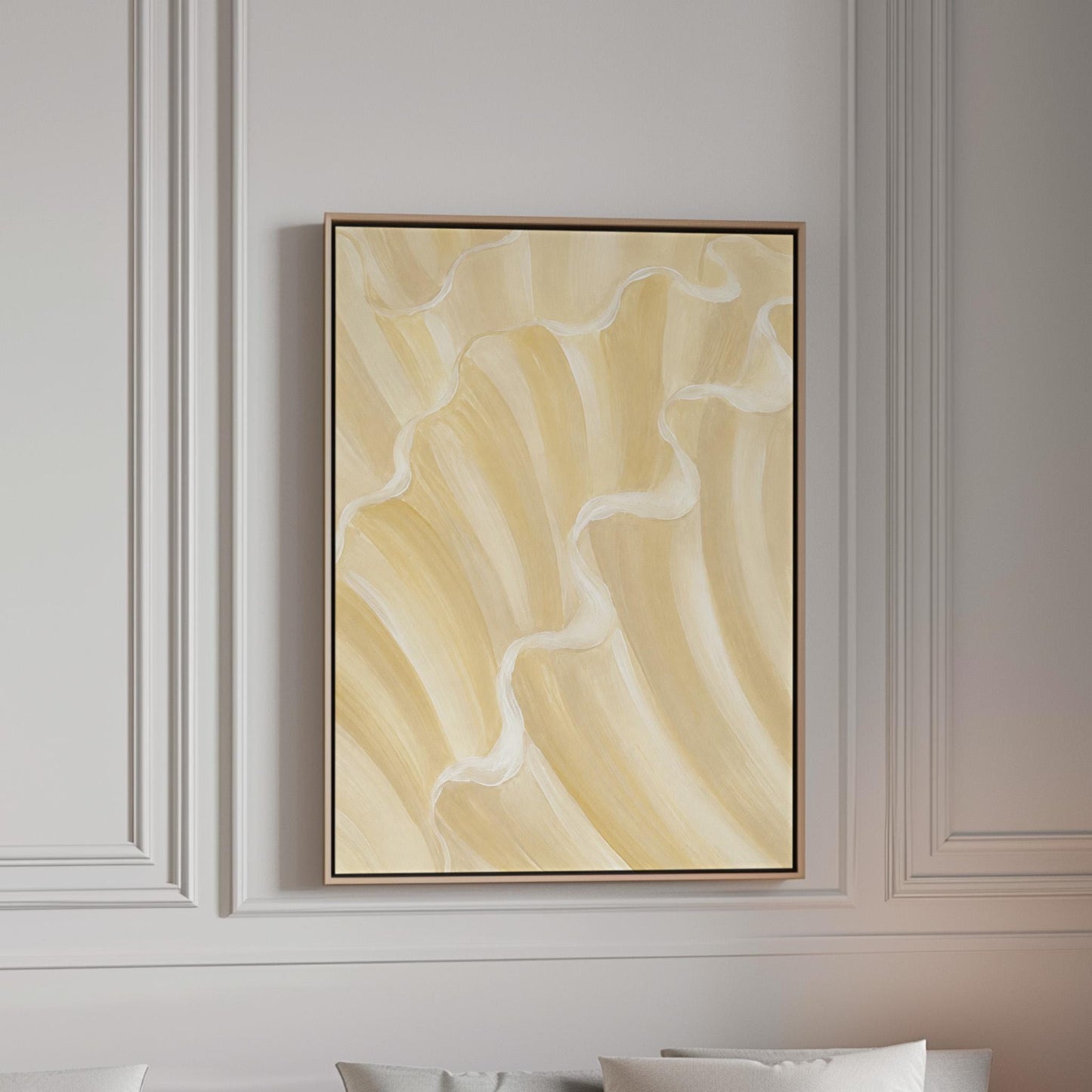 Ruffled wave folds in champagne cream and gold, canvas print in a bright room with natural daylight