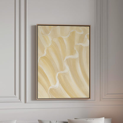 Ruffled wave folds in champagne cream and gold, canvas print in a bright room with natural daylight