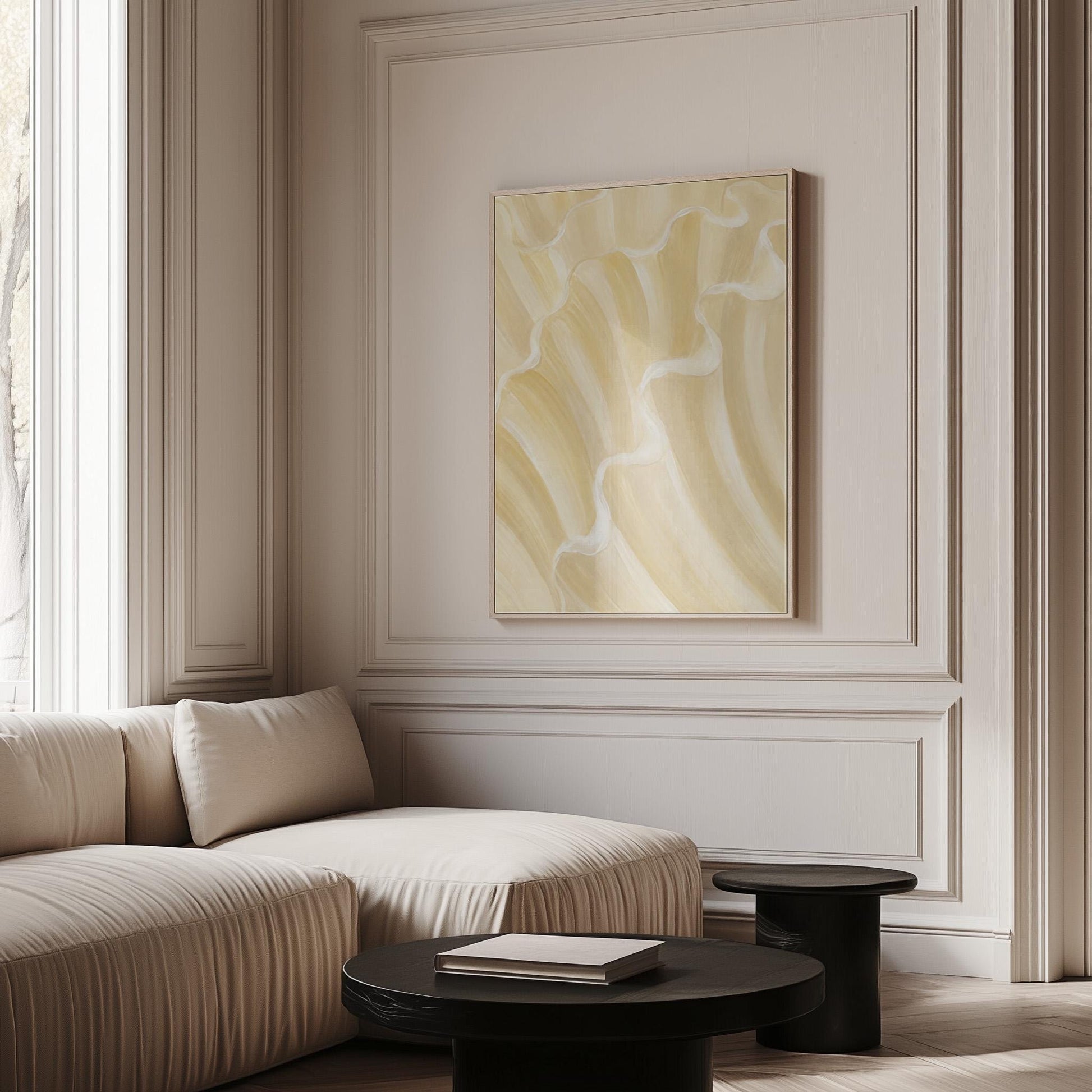 Ruffled wave folds in champagne cream and gold, canvas print hanging in a calm, modern living space