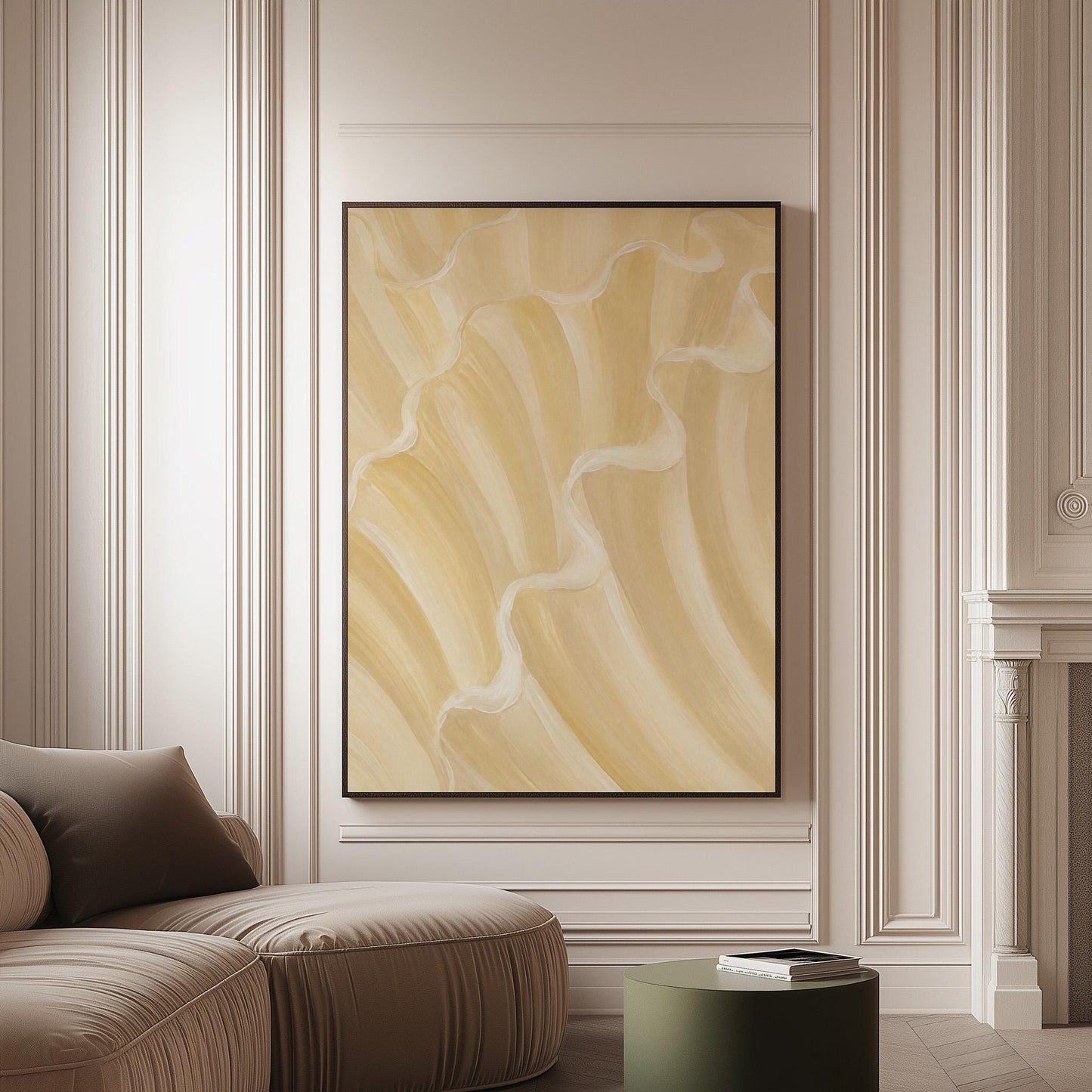 Ruffled wave folds in champagne cream and gold, canvas print on a softly lit wall in a calm interior