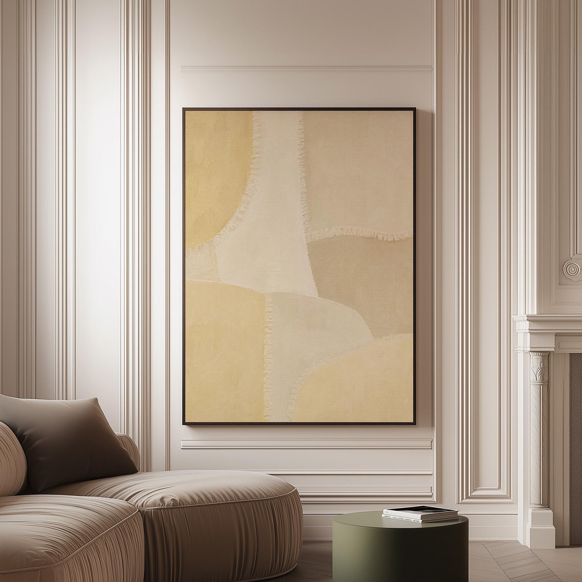 Soft tonal beige blocks joined by delicate stitch lines, canvas print on a softly lit wall in a calm interior