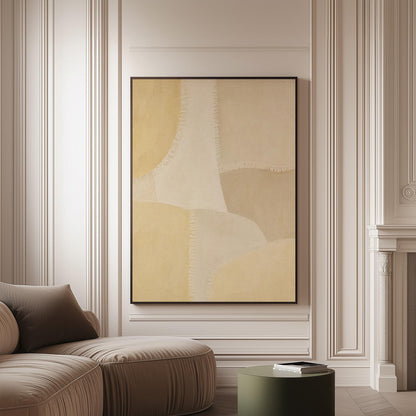 Soft tonal beige blocks joined by delicate stitch lines, canvas print on a softly lit wall in a calm interior