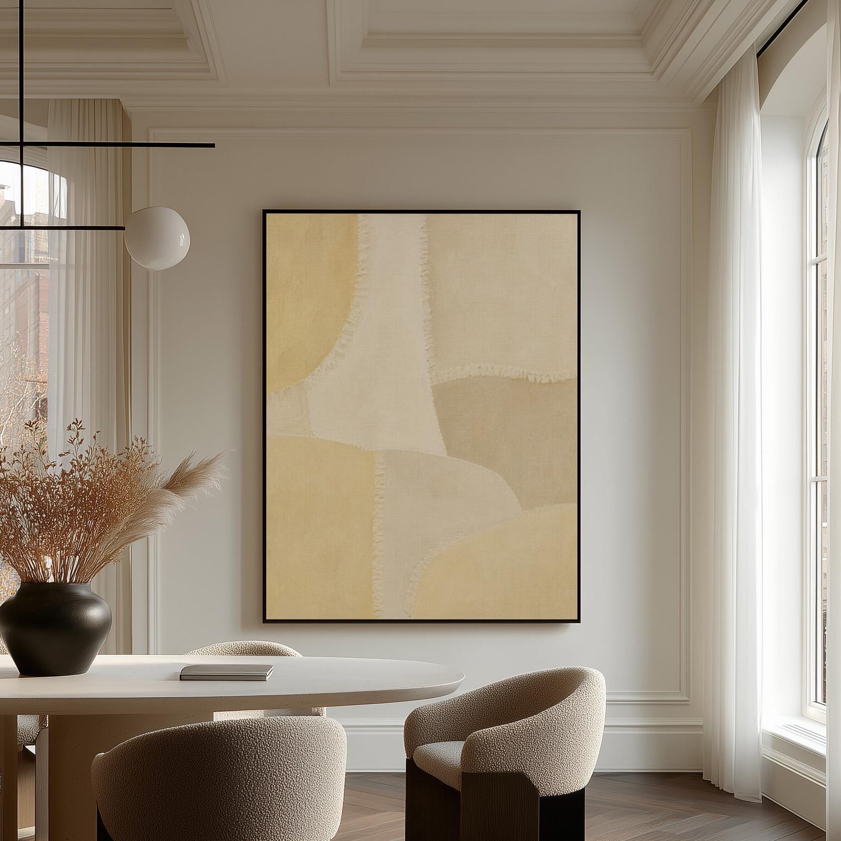 Soft tonal beige blocks joined by delicate stitch lines, canvas print shown in a sunlit, contemporary room