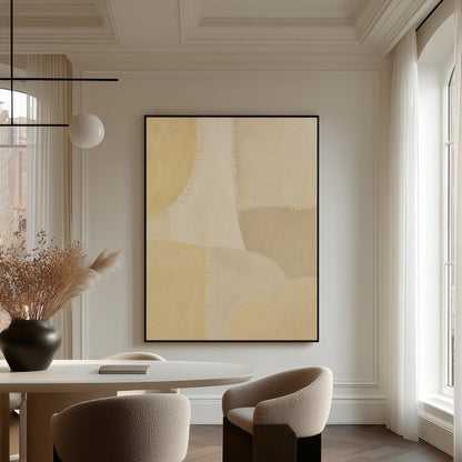 Soft tonal beige blocks joined by delicate stitch lines, canvas print shown in a sunlit, contemporary room