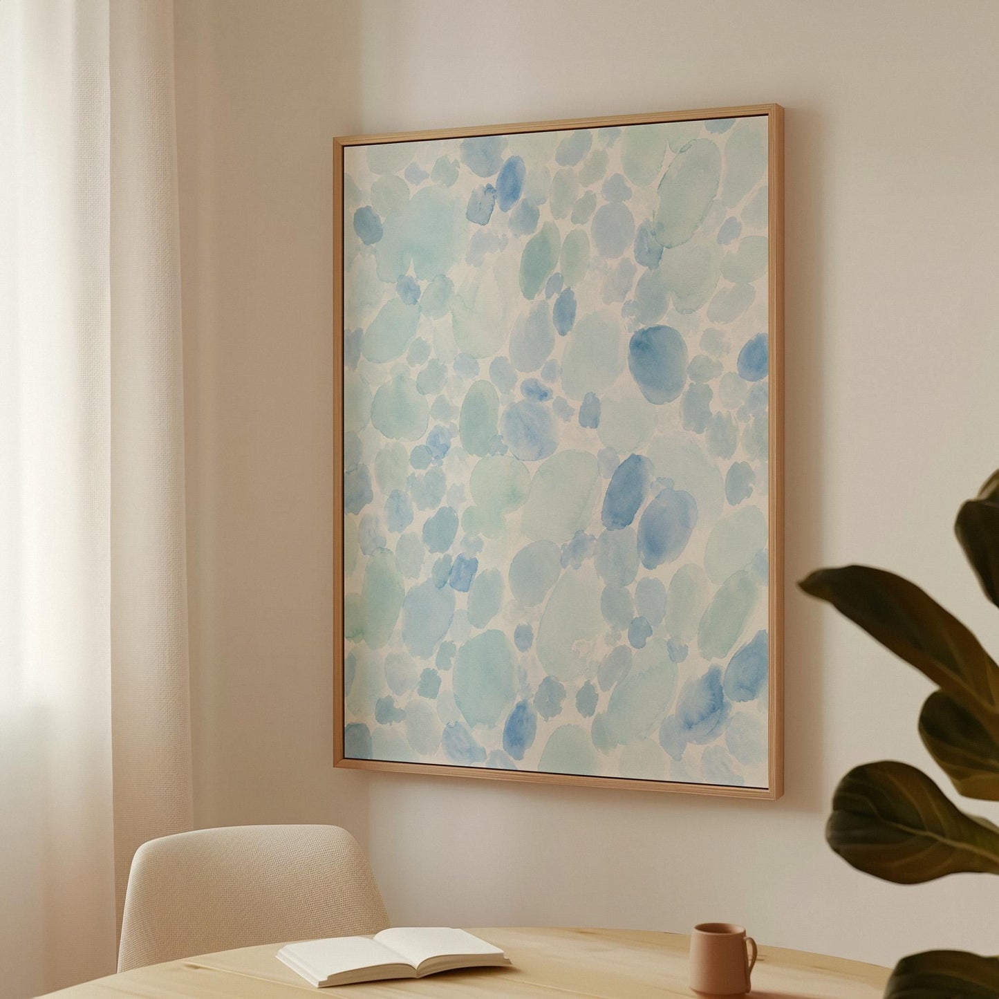 Dappled watercolor petals in light baby blue, canvas print on a quiet wall in a considered interior