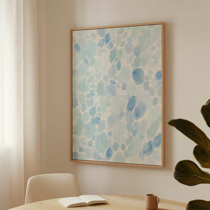 Dappled watercolor petals in light baby blue, canvas print on a quiet wall in a considered interior