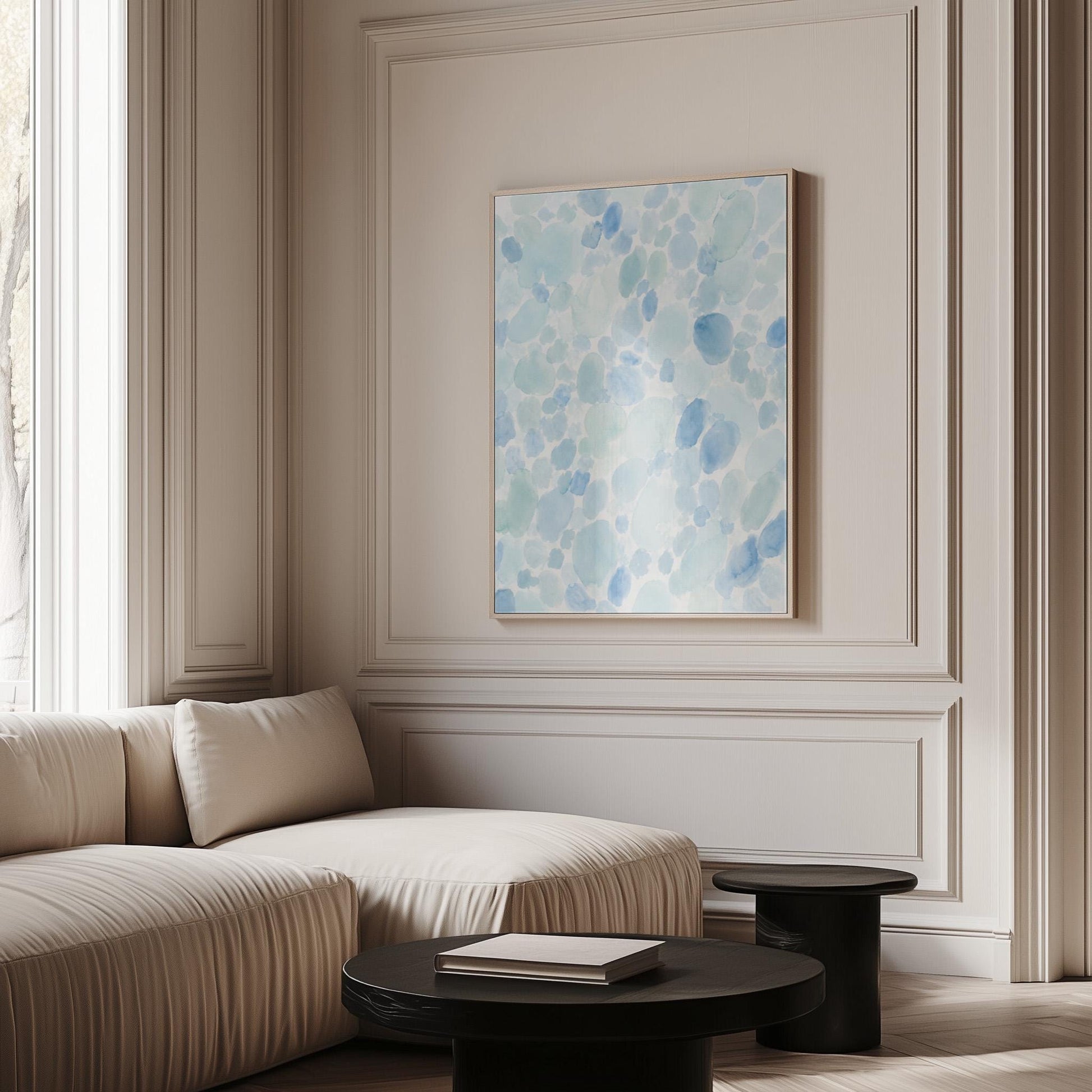 Dappled watercolor petals in light baby blue, canvas wall art on a quiet wall in a considered interior