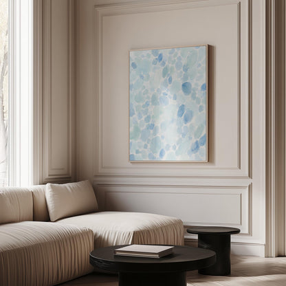 Dappled watercolor petals in light baby blue, canvas wall art on a quiet wall in a considered interior