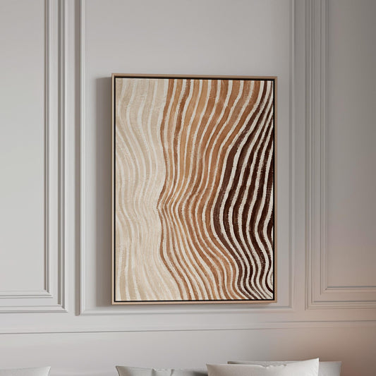 Rippling contour lines in cocoa brown and cream, canvas print in a bright room with natural daylight