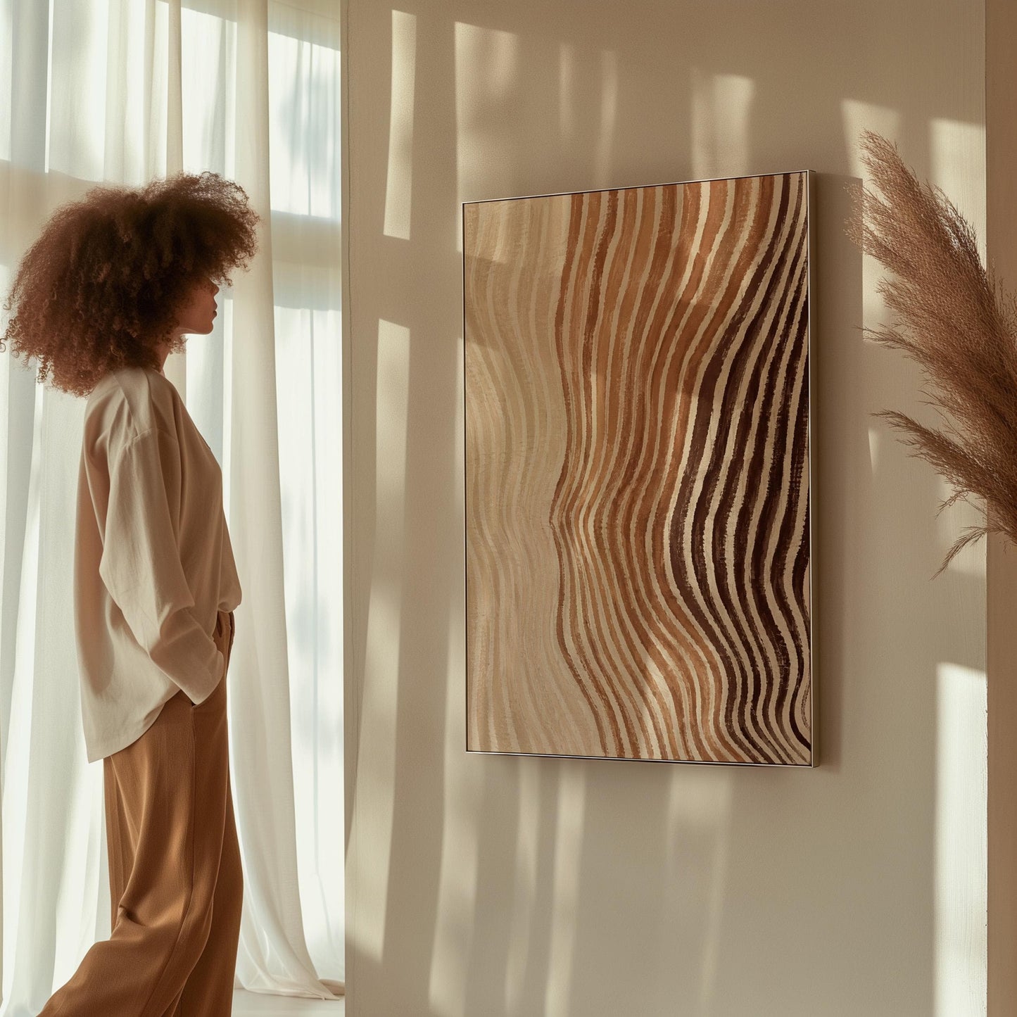 Rippling contour lines in cocoa brown and cream, canvas print hanging in a calm, modern living space