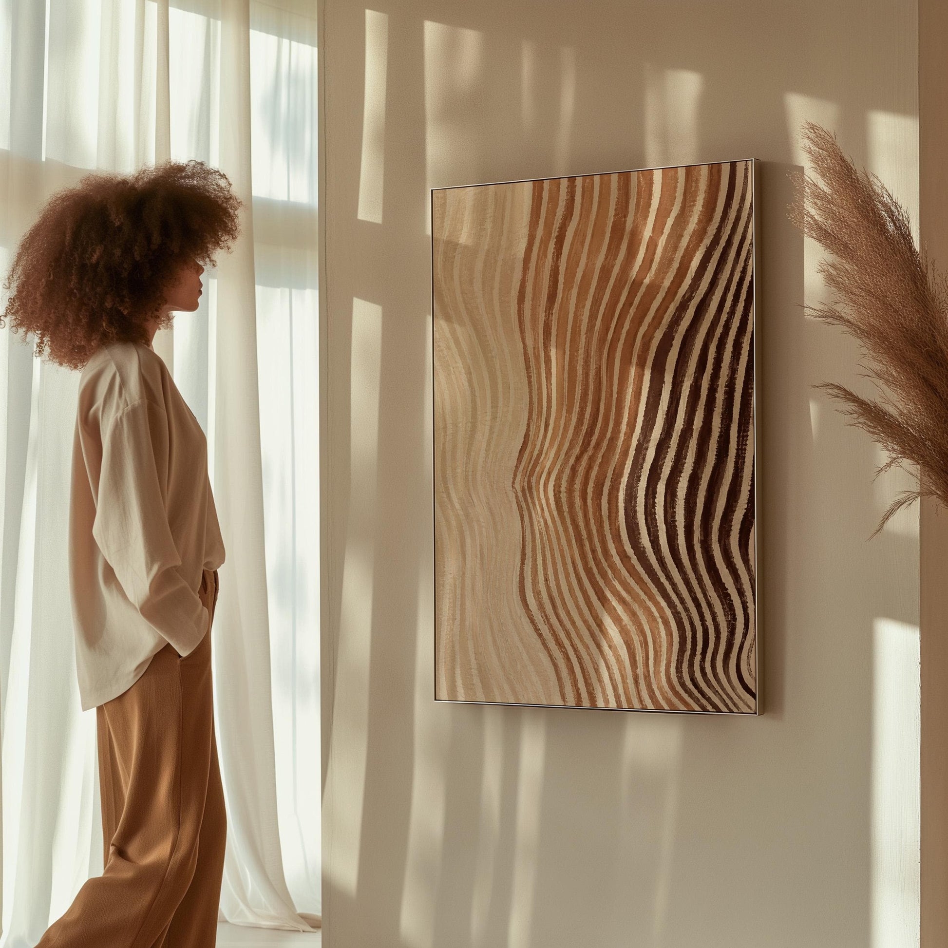Rippling contour lines in cocoa brown and cream, canvas print hanging in a calm, modern living space